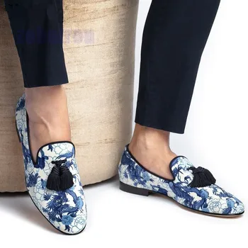 Лоферы с пискюли, китайски стил, синьо-бели обувки фарфорового цвят, джентльменские модела обувки, дишаща официалната мъжки ежедневни обувки