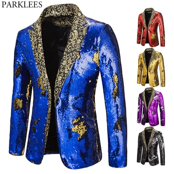 Луксозен кралско синьо сако с пайети, мъжко яке с цветя на ревера, 2 цвята, преобразуване блейзери, за мъже етап от певците в нощен клуб Custmes