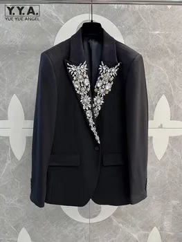 Луксозен мъжки черен костюм, с лъскава бриллиантовым яка, палто за сватбени партита, благородна модельная яке, оборудвана с блейзър с декорация във формата на кристали, палто