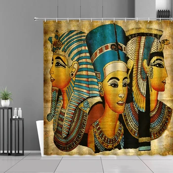 Луксозна 3D скулптура на египетския фараон в ретро стил, златна завеса за душ от полиестер, комплект за баня, водоустойчив плат с 12 куки, декор