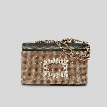 Луксозни дамски чанти през рамо с кристали, квадратни диаманти, обтегач, чанта през рамо, блестяща вечерна малка кутия, портфейли 2023, лъскава чанта