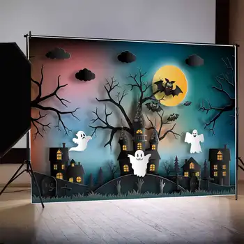 Луната.QG Background Банер Happy Halloween Градиентный цвят стенен фон на партита, дървена дъска, призрачная тыквенная лампа декоративна стойка
