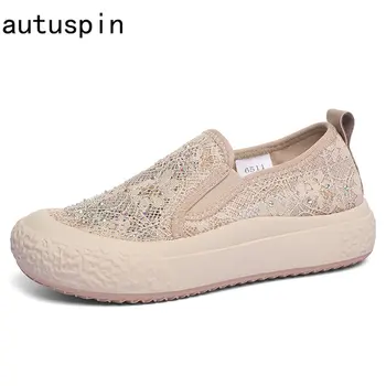 Лятна ежедневни обувки с дантела Autuspin, дамски ежедневни обувки 2023, ново записване, модни вулканизированные лоферы, дишащи дамски обувки на плоска подметка с кръгло бомбе