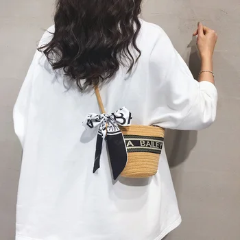 Лятна мода дамска чанта от растителни тъкани с контрастни цветове и букви за почивка, плажна тканая чанта-кофа, чанта през рамо с едно рамо