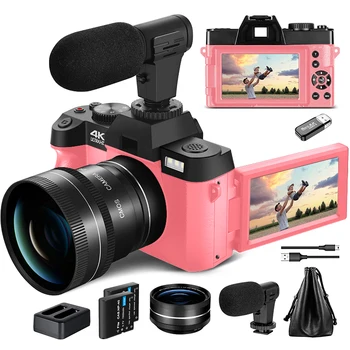 Макро обектив G-Anica, 4K, розова цифров фотоапарат, селфи-камера с мек екран, 48MP, видео блог на YouTube, мрежова камера Wi-Fi, 16-кратно цифрово увеличение