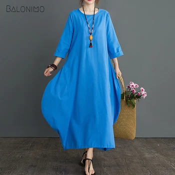 Макси рокля Balonimo, женски ново ежедневна дълга рокля, памучен дрехи с кръгло деколте, пролет-есен, ретро свободен халат с три четвърти ръкав