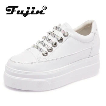 Маратонки на танкетке Fujin 8 см, дамски обувки от естествена кожа, блестящи бели обувки с дантела, пролетно-есенна и лятна обувки, обувки