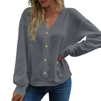 Мека тениска, стилна дамска блуза с V-образно деколте и копчета свободно, намаляване, мек топъл есенно-пролетния моден отгоре с V-образно деколте