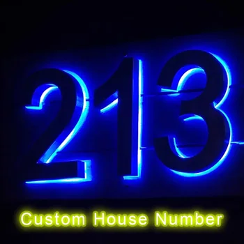 Метален led лампа с подсветка сини номера на къщи, външни непромокаеми вратите табели за дома и хотела, знак от неръждаема стомана, адрес
