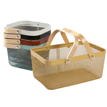 Метална правоъгълна кошница за пазаруване, малка кошница за зеленчуци и плодове, дървена дръжка