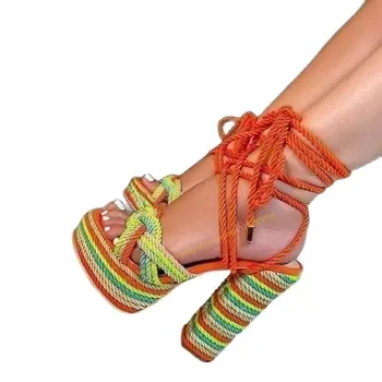 Многоцветни Възли Сандали на платформа с Каишка Отзад, Обувки с Отворени пръсти, за Жени, С Вырезанным Ток, Обувки на Масивна Ток 2023, Zapatos Para Mujere