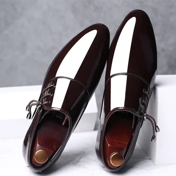 Модерен италиански обувки от лачена кожа за мъже, бизнес обувки, oxfords дантела, големи размери, мъжки обувки за сватбени партита, мъжки черна кожа