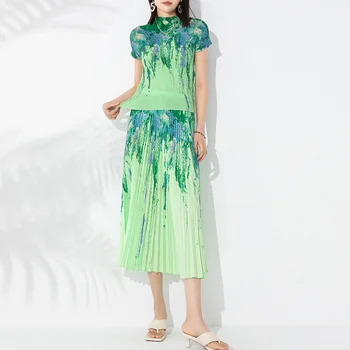 Модерен комплект дамско облекло с принтом 2023, лятна тениска с полувысоким яка и къси ръкави + еластична плиссированная пола Miyake за отслабване
