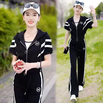 Модерен случайни спортен костюм женски 2023 Годишният Нов модерен жилетка с качулка и с къси ръкави, широки панталони, комплект от две части