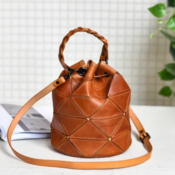 Модерна дамска чанта-кофа от естествена кожа с геометрична шевове, реколта дамски малка чанта през рамо от естествена телешка кожа