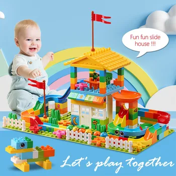 Мрамор раса, съвместим с по-голям блок, двуслойни строителни блокове, фуния, плъзнете блокове, детски тухли, събрани със собствените си ръце, играчки за детски подарък