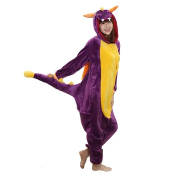 Мультяшные животни Cosplay Кигуруми Лилав дракон Spyro Тела пижами Гащеризон качулки за възрастни Cos костюм за Хелоуин Карнавал