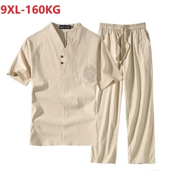 Мъжка тениска с къс ръкав и панталон в китайски стил, голям размер 7XL 8XL 9XL, ретро костюм от епохата на Тан, тениски с V-образно деколте, бельо памучен домашно облекло 70