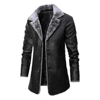 Мъжки дебела руното кожено яке, за мъже зимна мода средна дължина, реколта палто от изкуствена кожа, мъжки висококачествени ежедневни яке от изкуствена кожа