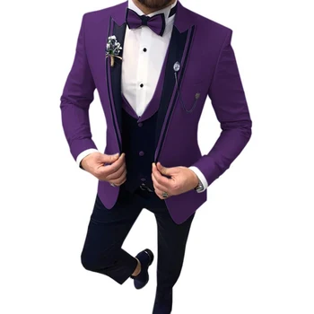 Мъжки костюм с ревери за Младоженеца, Сватбена Кума, Оборудвана Блейзър на една пуговице, Смокинги за Младоженеца-комплект от 3 теми, Terno Masculino (Яке + Жилетка + Панталони + Лък)