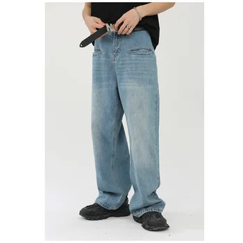 Мъжки прави Дънки с джобове в Ретро стил в Два цвята Y2K, Светли Дънки, на Главната Улица, Универсални спортни панталони за Колежа, всеки ден Шикозни панталони XS-XL