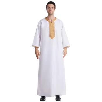 Мюсюлмански мъже и Осем ръкави Кръгла яка Чист цвят Бродерия халат арабски мъж възрастен с дължина до глезена Тоби Рамадан, Празник на облекло