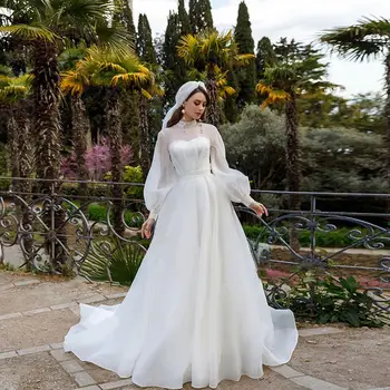 Мюсюлманските арабски сватбени рокли с дълъг ръкав, трапециевидное рокля с цип отзад, Vestidos De Noiva 2023, нагънат, шаферски рокли от органза принцеса