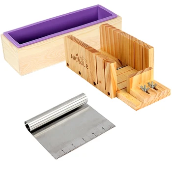 Набор от инструменти за мыловарения от 3 теми, правоъгълна силиконова форма с регулируема дървена кутия за нарязване на хляб и нож от неръждаема стомана