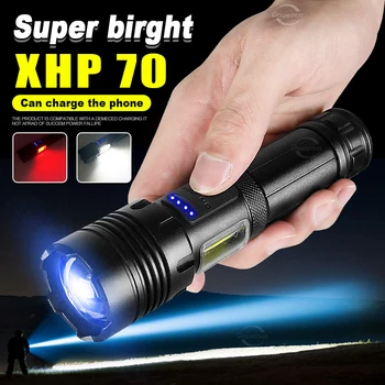 Най-ярък led фенерче XHP70 с телескопическим увеличение, мощен фенер, водоустойчив, с USB зареждане с Type-c, акумулаторна лампа