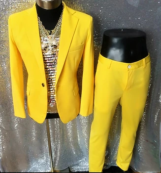 Неонови жълто-оранжеви мъжки костюми, нов стил, модерен, мъжки костюми на певицата, сценична дрехи, танцови костюми за джаз изпълнения, комплекти за дрехи