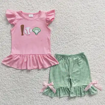 Нов дизайн, RTS, без MOQ, дързост летни детски розови костюми с бродерия, комплекти за детската бейзболна дрехи за момичета