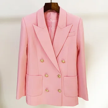 Нов дизайн в Розово е дълъг блейзър за жени 2021 Нов яке двубортный със златен пуговицей, украсени с голям джоб, свободни преки блейзери