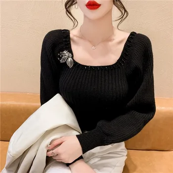 Нов есенен корейски модерен сладък вязаный пуловер с пищни ръкави, дамски луксозни тънки пуловери с мъниста, със скъсен женски монофонични