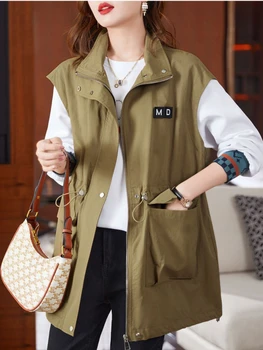 Нов жилетка Оверсайз, женски жилетка без ръкави, корейската мода, пролет-есен яке ветровка, ежедневни палто с завязками на талията