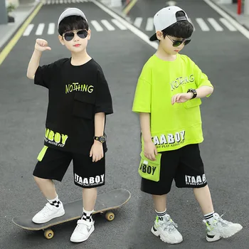 Нов летен костюм за момчета 2023, детски костюм в стил хип-хоп с къс ръкав + панталони, детски памучен спортни облекла от 2 теми, комплект дрехи за момчета