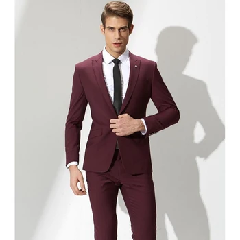 Нов, Стилен Дизайн Смокинги за младоженците в една пуговице Цвят Бордо С ревера на Младоженеца, Костюм най-добрият човек, Мъжки Сватбени Костюми (Яке + Панталон + Вратовръзка)