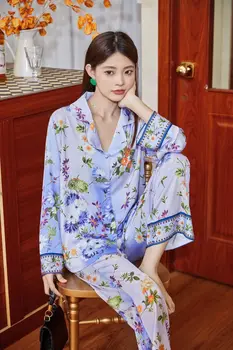 Нова висококачествено домашно облекло с флорални принтом, пижами от ледената коприна, женски костюм-двойка бельо pijama