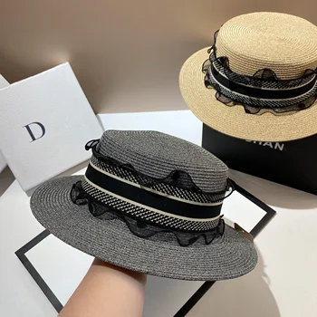 Нова лятна сламена шапка е от дишаща растителни влакна, плажна сламена шапка, френски класически стар пъпка на цвете, коприна окото шапка с плосък покрив, дамска шапка от слънцето