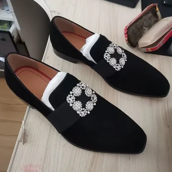 Нова мода мъжки обувки от черен велур, италиански лоферы с кристали и ключалката, модел обувки ръчна изработка, мъжки вечерни и сватбени обувки