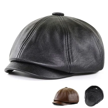 Нова мъжка ретро PU кожа взема шапка черен ежедневни осмоъгълна зимна шапка каска художествени Гэтсби шапка шапка
