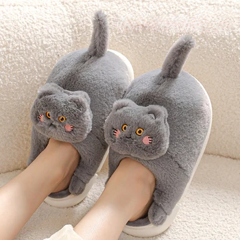 Нови есенно-зимни кожени памучни чехли с сладък котка и анимационни герои, за двойки, за да се затопли в помещението и имитират чехли с котки