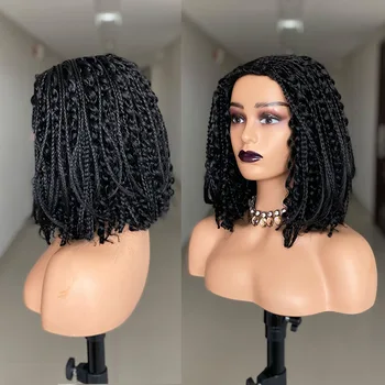 Нови къси плетени перуки Боб за черни жени, топлоустойчиви, къдрава, възли на една кука, сплетен перука, африка синтетични перука за плетене на косата