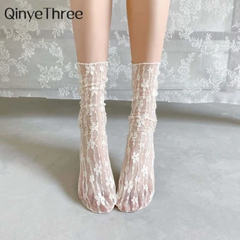 Новите модни летни дамски чорапи с изрезки, по-меки, сладки, дишащи японски чорапи със завързана цвете, елегантни дамски фини мрежести чорапи Sokken