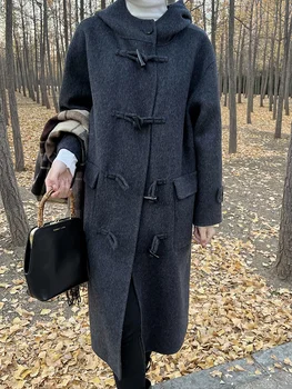 ново есенно-зимния двустранно бархатное палто blogger копчета, с качулка и уменьшающей възраст свободна вълна яке