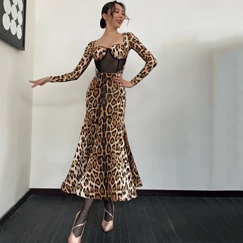 Ново леопардовое рокля за балните танци, дамски дантелени блузи с дълъг ръкав, поли, дрехи за конкурса по бални танци за възрастни, облекла за валс BL10416