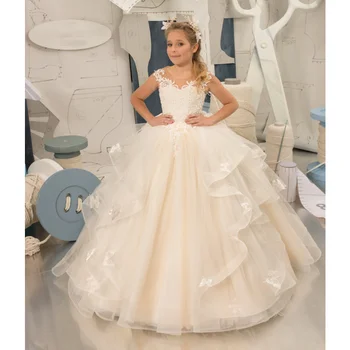 Ново пищни рокля с цветя модел за момичета, Детски сватба парти с прозрачно деколте и копчета отзад, дълга детски дрехи за първо причастие, премяна