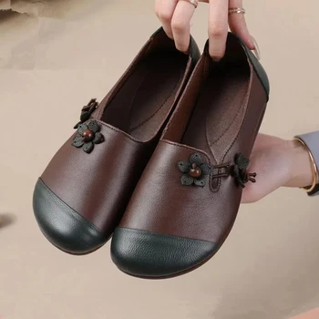 Новост 2022 г., женски обувки на плоска подметка с цветя модел в национален стил, кафяви, демисезонные, за възрастните хора, удобни обувки на плоска подметка