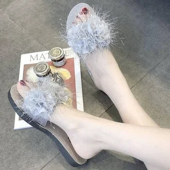 Новост лятото 2023, дамски сандали на платформа с пера, модни чехли с безплатна доставка, дамски дизайнерски елегантни обувки с кристали