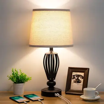 Нощна Лампа, 3-Лентов Пълноценната Настолна Лампа с Регулируема Яркост с Два USB Порта За Зареждане, Промишлена Настолна Лампа В Черно Метална База, Селска Къща За Четене