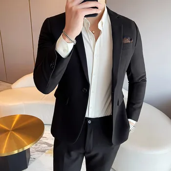 Обикновен мъжки официален бизнес костюм от две части, черен, сив, 2023, ново младежко мъжки рокля за сватбени партита, комплекти, дрехи, Slim Fit